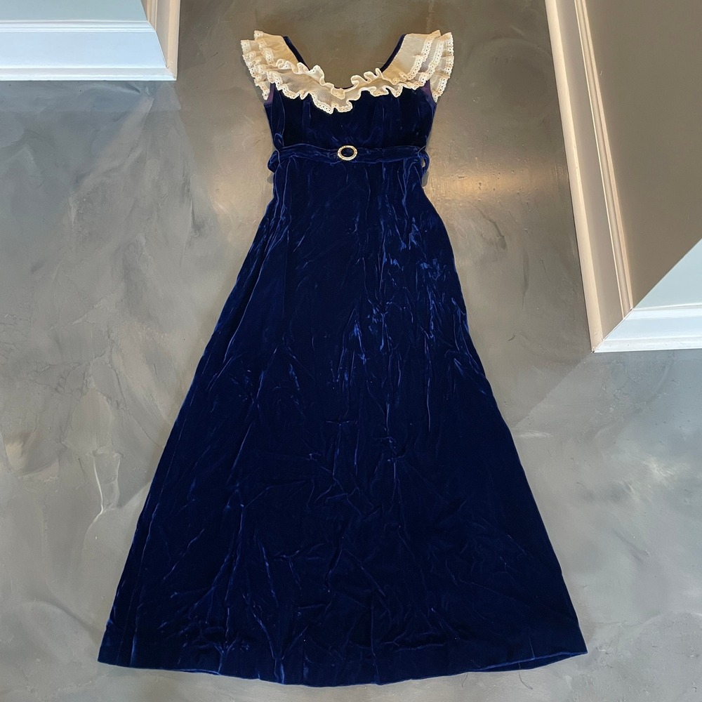 Sylvia Ann Vintage Blue Velvet Maxi Dress 8 Ruffle Lace Collar Rhinestone Belt